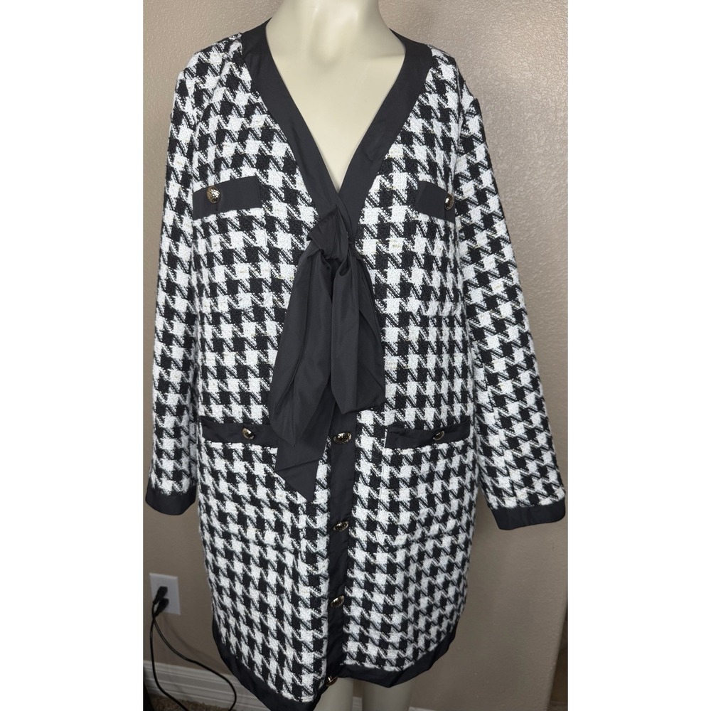 Pomander Place XL Black White Houndstooth Cardigan Jacket Bow Tie Gold Buttons